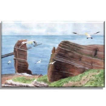 Leinwand 40 x 30 cm Keilrahmen Canvas-Leinen Aquarell Maritim Kunst Druck Kunstdruck Nordsee Insel Helgoland Basstölpel Vögel Lange Anna Felsen